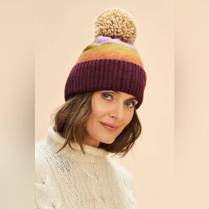 Powder UK Lilia cute striped beanie in “Plum” w/fuzzy pom-pom on top-NWT